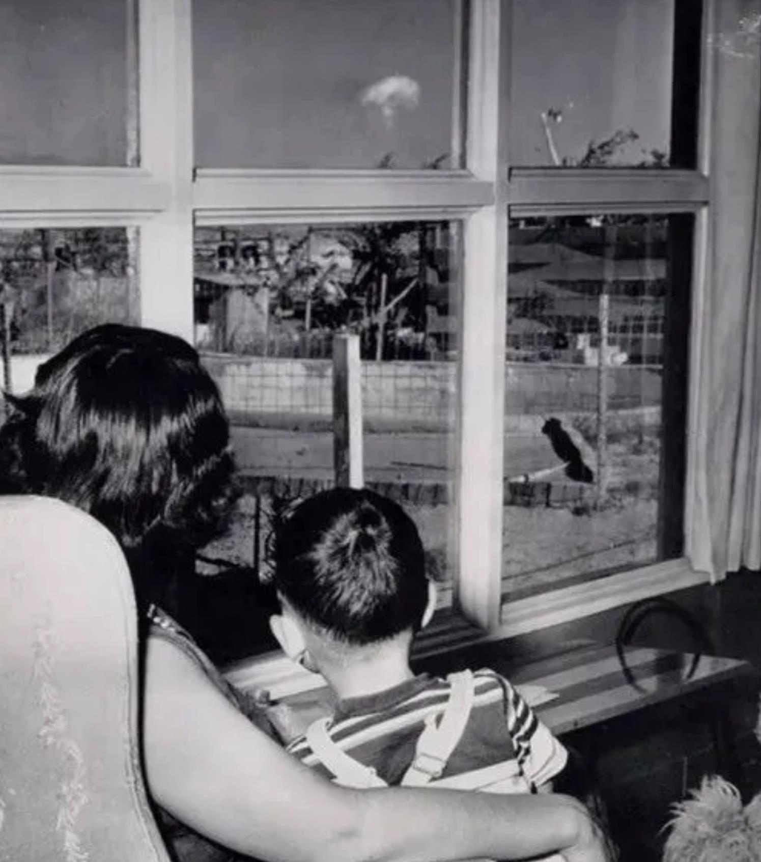 1953年，拉斯维加斯，一对母子正在看原子弹爆炸测试后产生的蘑菇云。